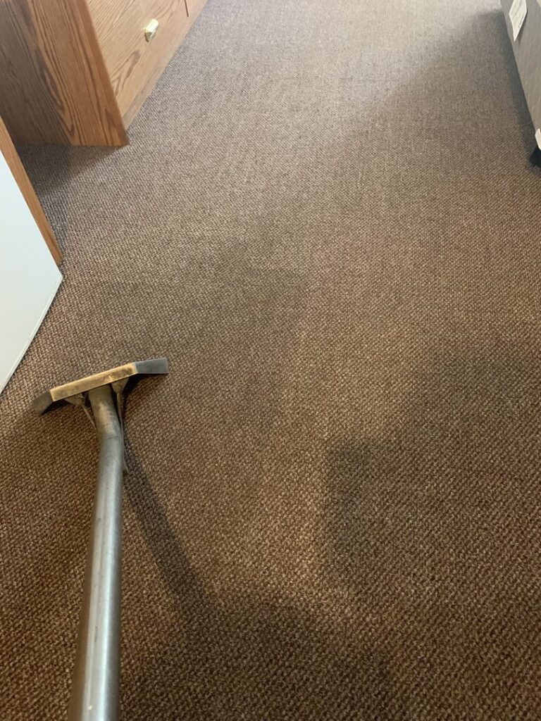 A carpet cleaning wand in action on a brown carpet, showing a clean path by Eagle 1 Carpet Cleaning in Reno, NV.