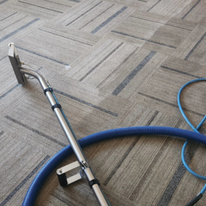 A professional carpet cleaning wand and hoses on a patterned commercial carpet by Kingdom Kleen in Portsmouth, VA.