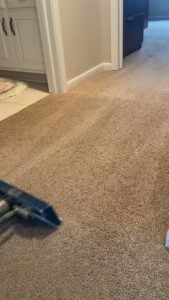 A carpet cleaning wand in action, professionally cleaning a brown carpet and leaving clean lines, by All Seasons Carpet Cleaning in Loves Park, IL.