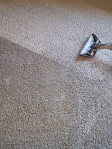A carpet cleaning wand actively cleaning a light-colored carpet, leaving a clean path, by Gemini Carpet Cleaning in Lincoln, NE