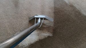 A carpet cleaning wand in action, showing a clean path on a carpet by R&W Carpet Cleaning & Water Extraction in Independence, MO.