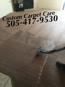 A professional carpet cleaning wand being used to clean a carpet, showing a clear difference, by Custom Carpet Cleaning in Albuquerque, NM.