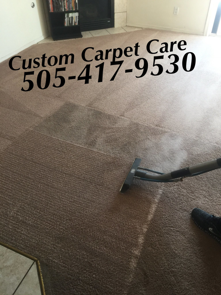 A professional carpet cleaning wand being used to clean a carpet, showing a clear difference, by Custom Carpet Cleaning in Albuquerque, NM.