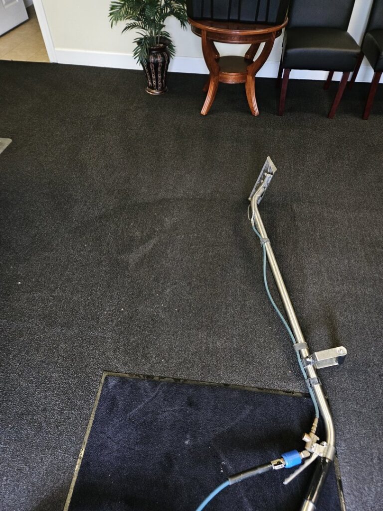 A professional carpet cleaning wand on a dark commercial carpet, showing cleaning in progress by Hendry's Carpet Care in Tallahassee, FL.