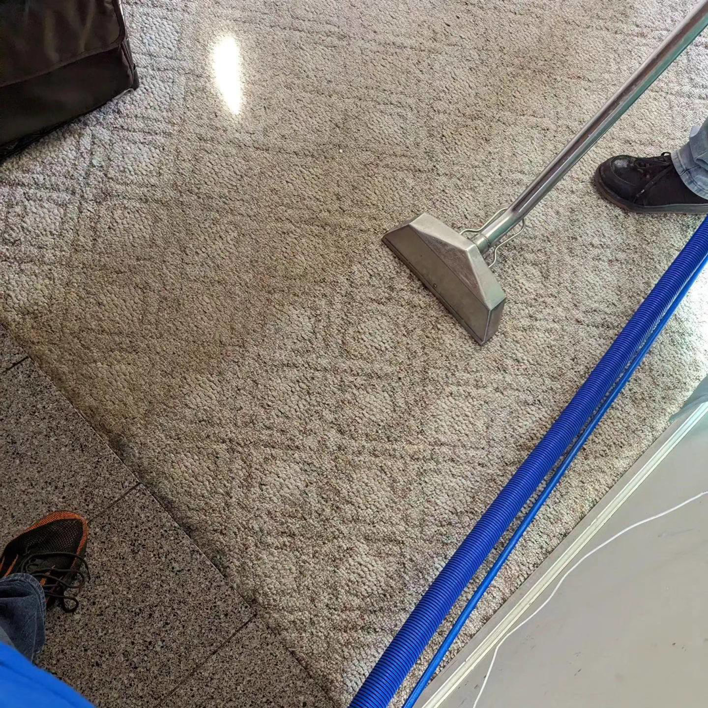 A carpet cleaning wand being used on a light-colored carpet, showing a clean section by Top Floor Carpet Cleaning in Lenoir City, TN.