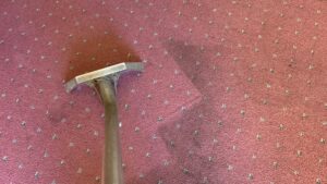 A carpet cleaning wand in action on a red patterned carpet, showing a clean path by Eagle 1 Carpet Cleaning in Reno, NV.