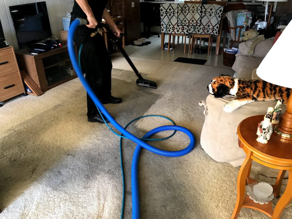 An employee using a carpet cleaning wand and hose to clean a residential carpet for Mark it Clean Carpet & Upholstery Cleaning Long Beach, CA.