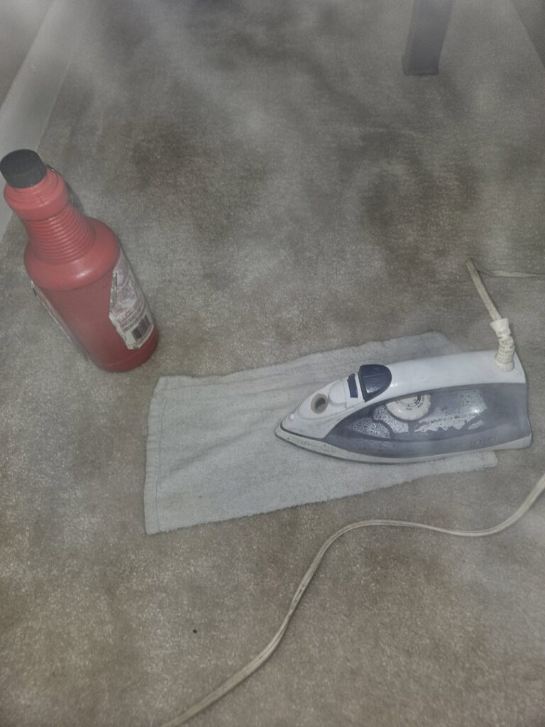 An iron and cleaning solution on a carpet, demonstrating a carpet dent removal or spot treatment technique by Hendry's Carpet Care in Tallahassee, FL.