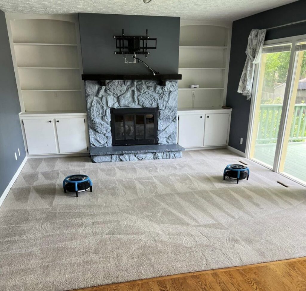 Carpet drying with air movers after professional cleaning by Done Right Carpet Cleaning Omaha, NE.