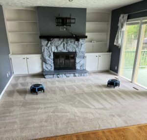 Carpet drying with air movers after professional cleaning by Done Right Carpet Cleaning Omaha, NE.