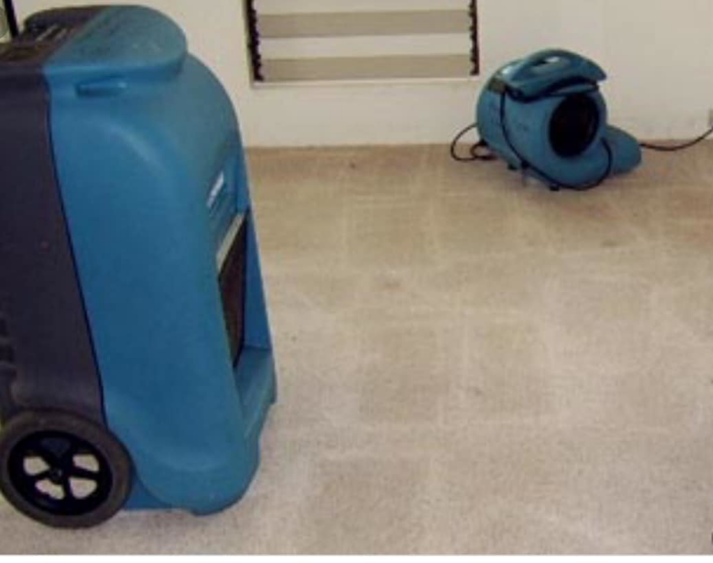 Professional carpet drying equipment, including air movers, in use by Promarc Carpet Care in Pine Bluff, AR.