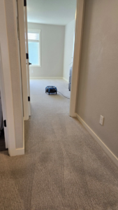 A fan drying a freshly cleaned carpet in a residential hallway after service by Xtreme Carpet Cleaning Inc. in Sandpoint, ID.