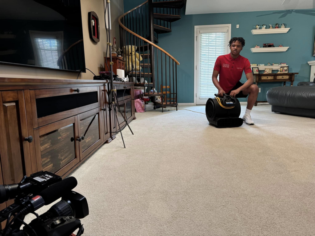 A carpet drying fan in a living room after a professional cleaning by Worm's Quality Carpet Care & Commercial Cleaning, LLC in Seaford, DE.