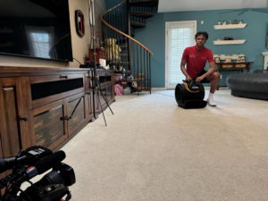 A carpet drying fan in a living room after a professional cleaning by Worm's Quality Carpet Care & Commercial Cleaning, LLC in Seaford, DE.