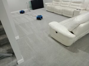 Two carpet drying fans in a living room with freshly cleaned carpet showing cleaning lines by Proper Carpet Cleaning in Aurora, IL.