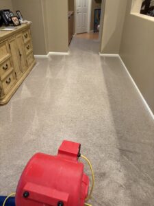 A red air mover drying a freshly cleaned carpet in a hallway by Easy Clean Carpet Care in Citrus Heights, CA