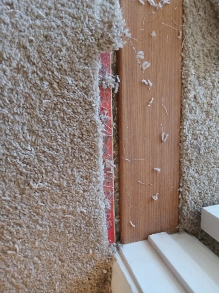 A close-up of a carpet edge with a clean transition strip leading to hard flooring, installed by CAPRI Restoration Services INC in Chula Vista, CA.