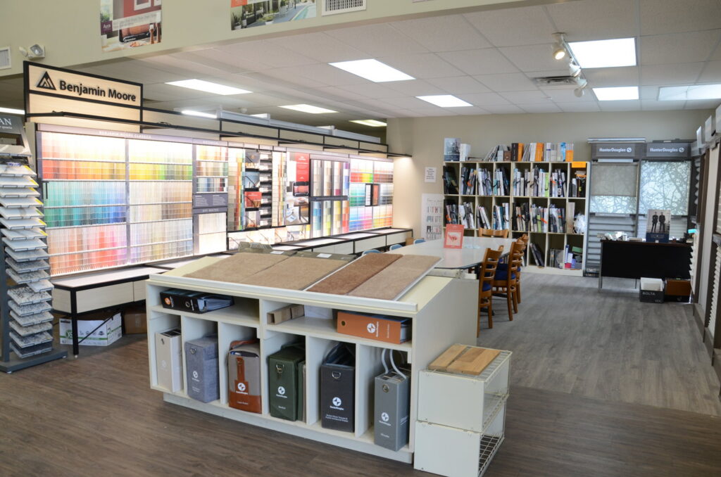 A display of various carpet and flooring samples at Huntsville Decorating Center in Huntsville, AL.