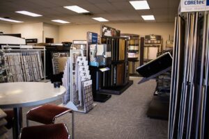 An interior view of the Southwest Floors showroom displaying various carpet and flooring samples in Seven Hills, OH.
