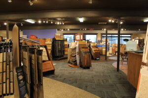 A wide view of the carpet and flooring showroom at Warehouse Flooring in Great Falls, MT