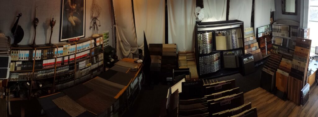 A showroom displaying various carpet and flooring samples from Palmetto Carpet Company in Miami, FL.