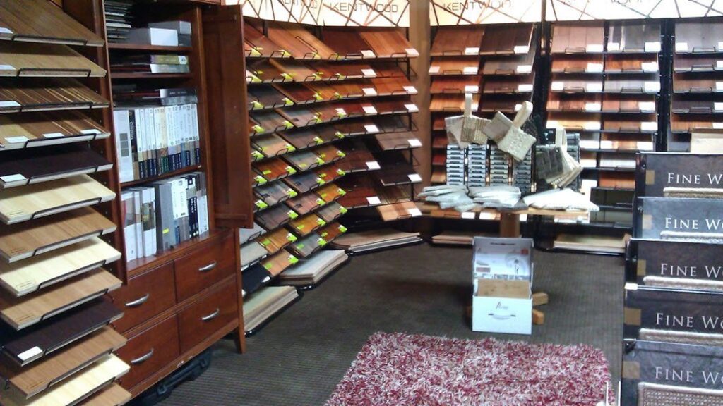 Interior view of the carpet and flooring showroom with samples at Seattle Style Flooring in Seattle, WA.