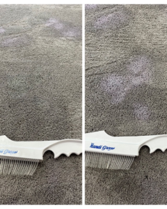 Before and after comparison of carpet grooming and cleaning using a Handi Groom tool by Hughes Dry Professional Carpet Care in Marietta, GA.