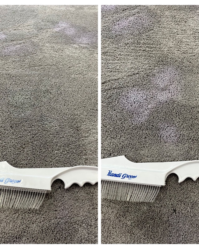 Before and after comparison of carpet grooming and cleaning using a Handi Groom tool by Hughes Dry Professional Carpet Care in Marietta, GA.
