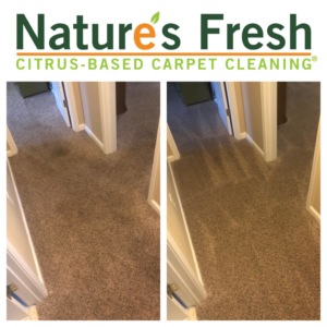 Before and after comparison of a carpeted hallway cleaned by Nature's Fresh in Birmingham, AL