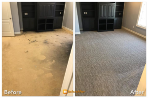 Before and after of a new carpet installation by Carpenter Flooring & More in Springdale, AR