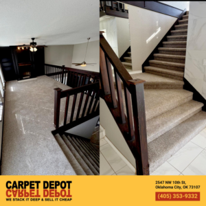 New carpet installed in a living area and on stairs by Carpet Depot Okc in Oklahoma City, OK.