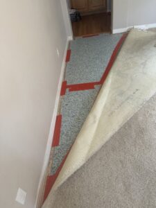 Carpet pulled back to reveal tack strips and padding, indicating carpet installation or repair by Believe That Carpets & Upholstery Cleaning in Colorado Springs, CO.