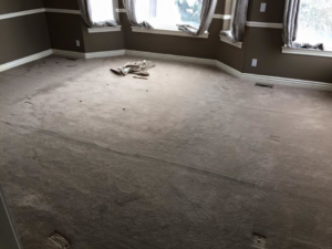 Carpet installation or repair in progress in a large room, showing the work of Essential Carpet Repair in Salt Lake City, UT.