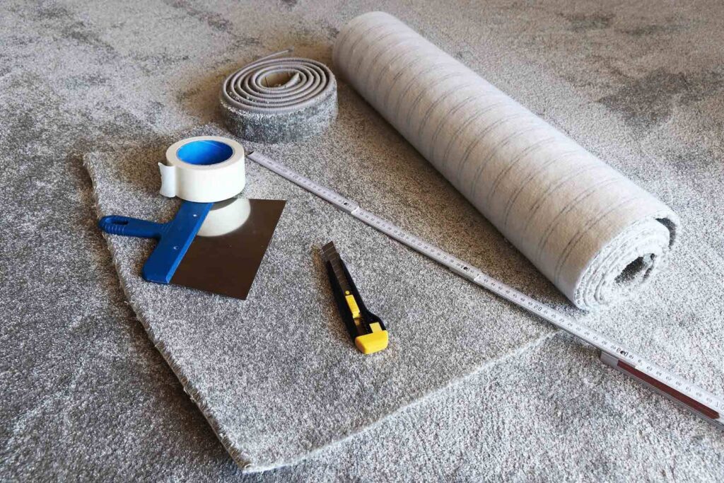Carpet installation tools including a measuring tape, cutter, and a roll of grey carpet, ready for a job by Gator Carpet and Tile in Jacksonville, FL.