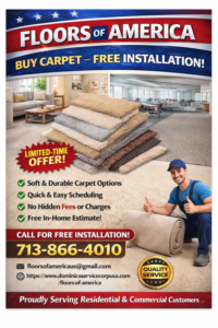 A carpet installer with a rolled carpet and samples, ready for installation from Floors of America in Houston, TX.