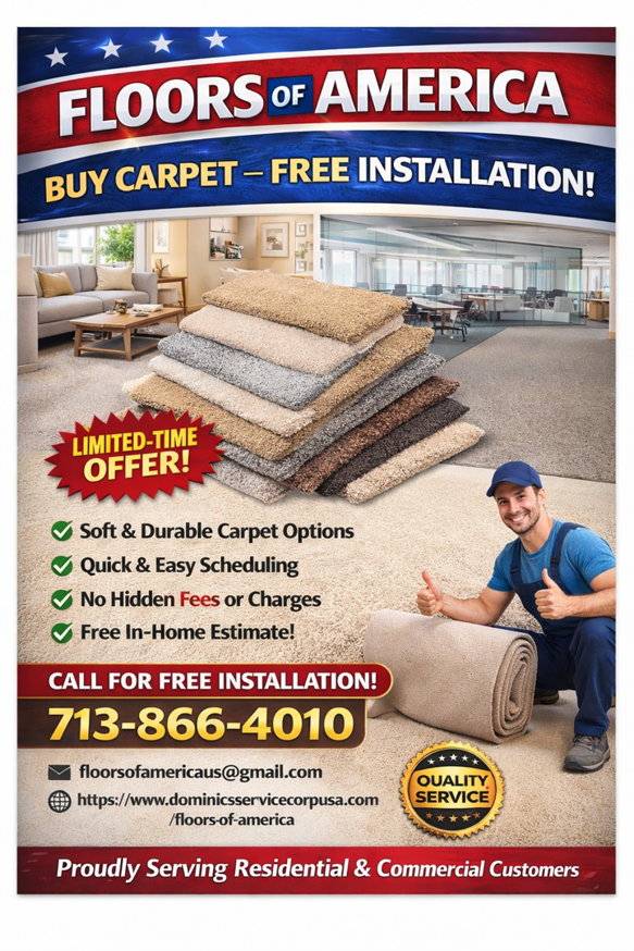 A carpet installer with a rolled carpet and samples, ready for installation from Floors of America in Houston, TX.