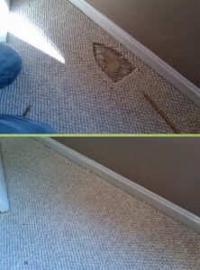 A before and after comparison of a carpet patch repair performed by The Carpet Specialists in Houston, TX.
