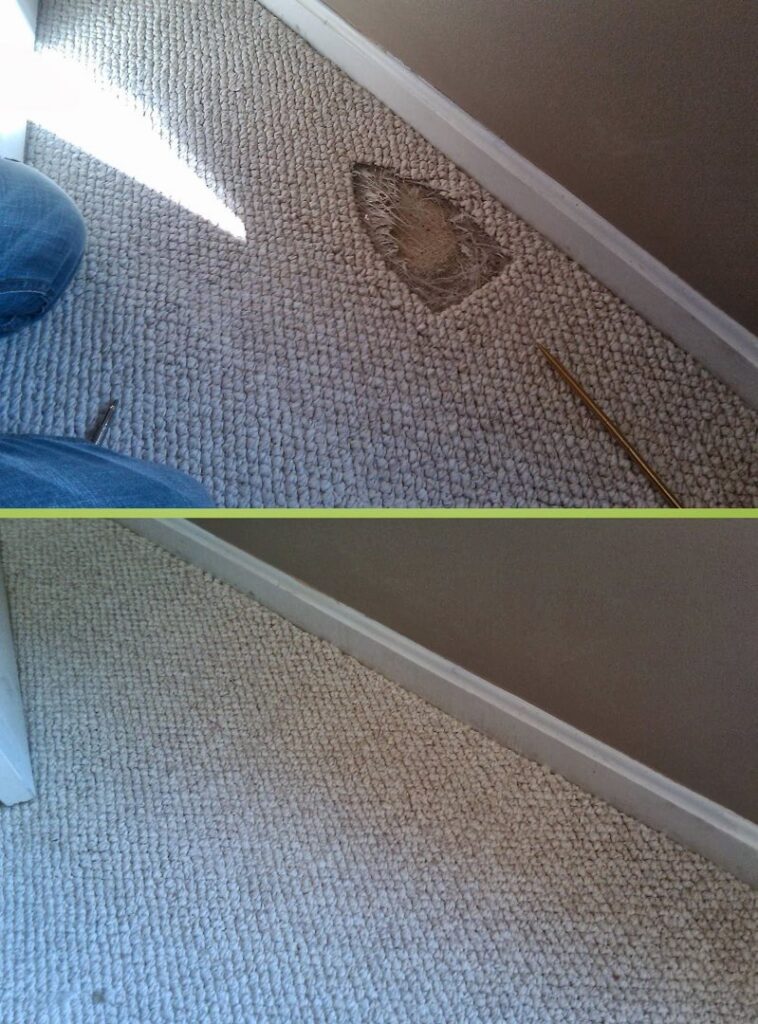 A before and after comparison of a carpet patch repair performed by The Carpet Specialists in Houston, TX.
