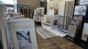 Carpet product display and KVR Floors & More branded rug in the Green Bay, WI showroom