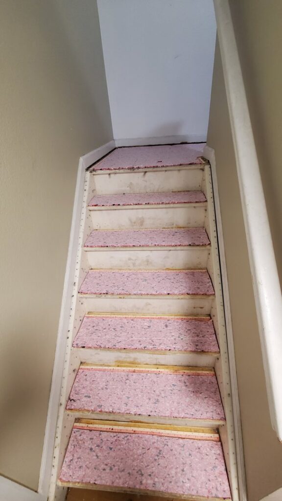 Stairs with old carpet padding and tack strips visible during a carpet removal job by Wagner Floors in Littleton, CO.