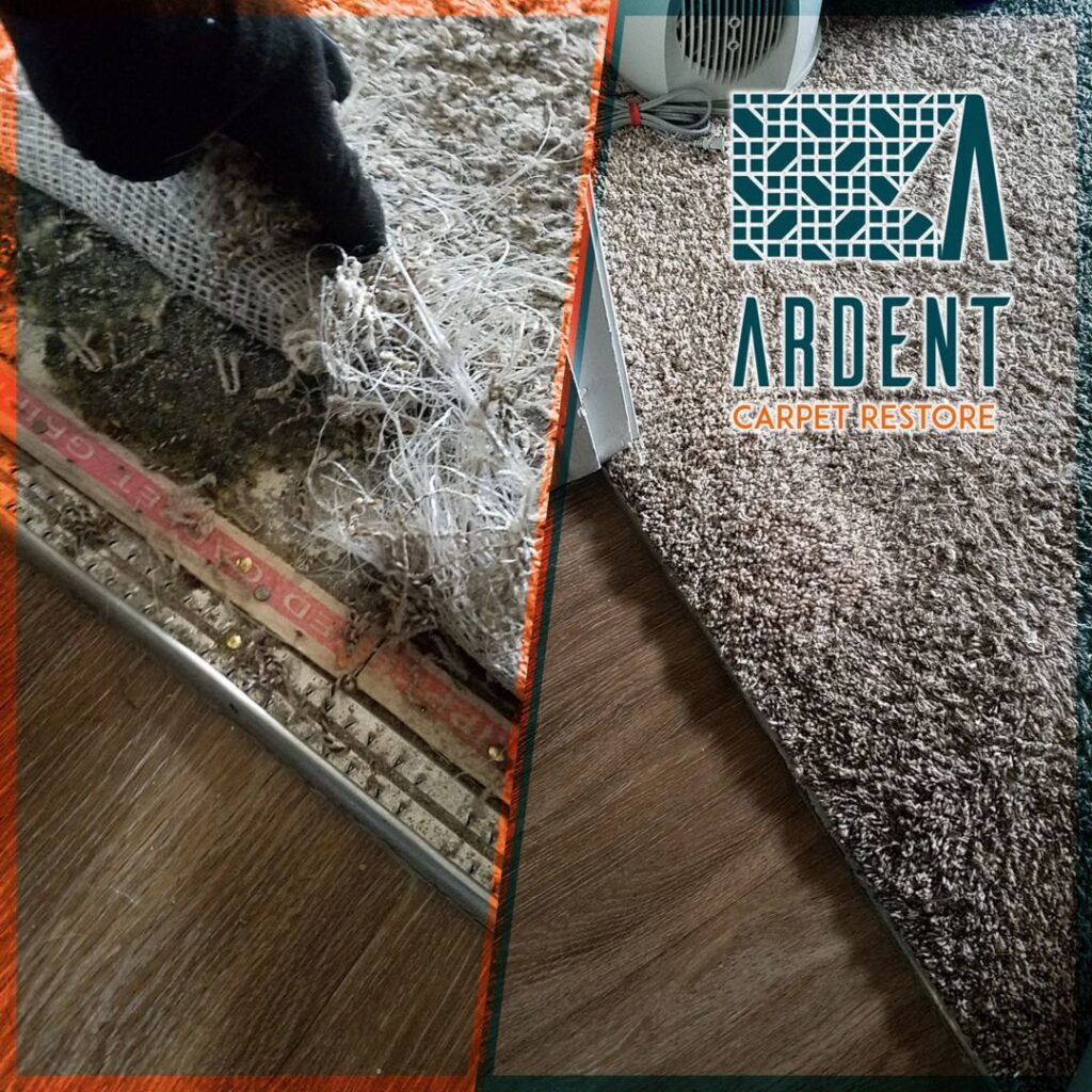 Before and after view of carpet repair, showing damaged carpet and then restored carpet by Ardent Carpet Restore in Sacramento, CA.