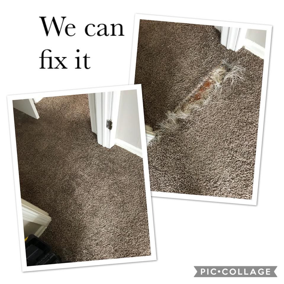 A before and after comparison of a damaged carpet repaired by Magic Wand Services in Wichita, KS