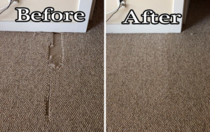 Before and after view of a carpet repair job completed by The Carpet Specialists in Houston, TX.