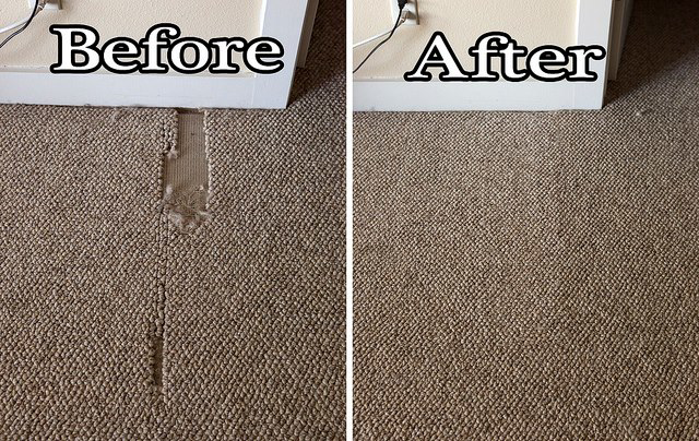 Before and after view of a carpet repair job completed by The Carpet Specialists in Houston, TX.