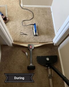 Carpet repair and installation tools laid out during a job by Evolution Carpet Cleaning in Fresno, CA
