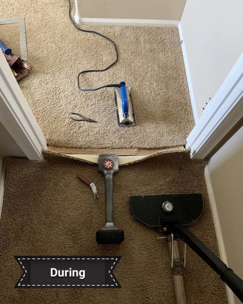 Carpet repair and installation tools laid out during a job by Evolution Carpet Cleaning in Fresno, CA