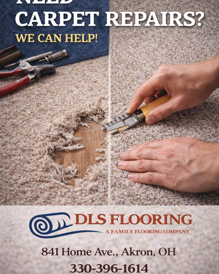 A close-up of a carpet repair job in progress, showing a damaged area and a hand using a repair tool by DLS Flooring in Akron, OH.