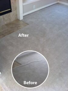 Before and after comparison of a carpet repair near a fireplace completed by The Carpet Specialists in Houston, TX.