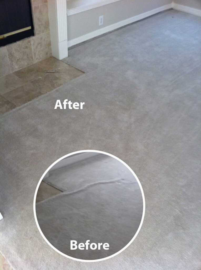 Before and after comparison of a carpet repair near a fireplace completed by The Carpet Specialists in Houston, TX.