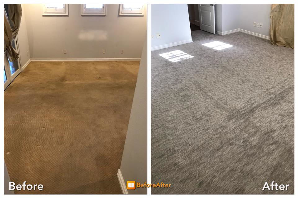Before and after of a carpet replacement service by Carpenter Flooring & More in Springdale, AR